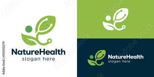 Creative simple nature care logo template. Stethoscope with leaf for Medical clinic logo design vector illustration.