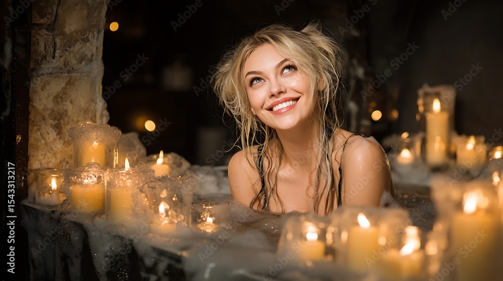 Relaxing Young Woman Enjoying Candlelit Bath with Bubbles and Soft Glow in Background Relaxing Young Woman Enjoying Candlelit Bath with Bubbles and Soft Glow in Background