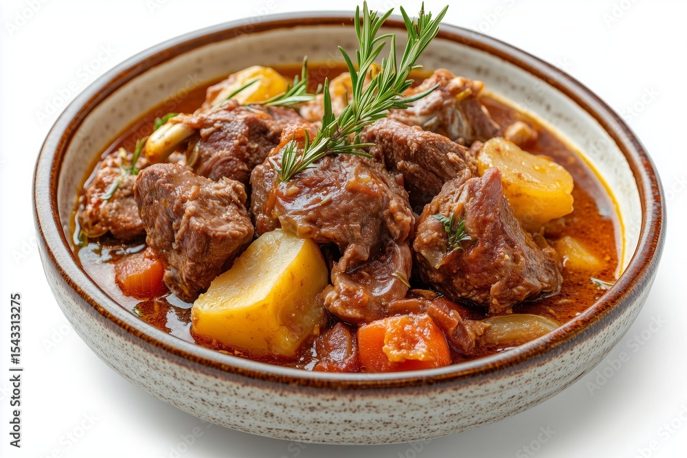 Fresh goat stew garnished with herbs served in a rustic bowl on a white background showcasing tender meat and vibrant vegetables Fresh goat stew garnished with herbs served in a rustic bowl on a white background showcasing tender meat and vibrant vegetables