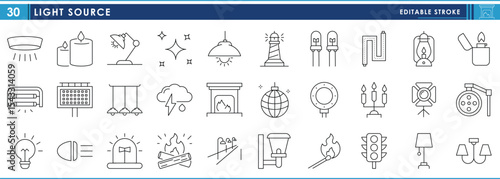 A set of line icons related to Light Source. Lighter, lantern, surgery, street, lightning, traffic, bulb, ring light, and so on. Vector editable stroke.