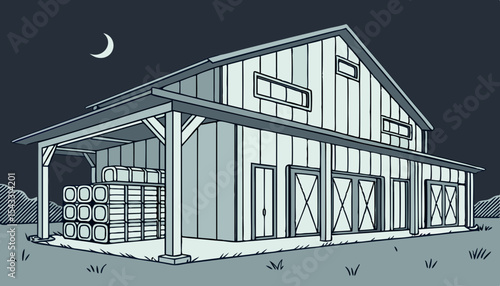 A sleek, modern cow barn showcasing geometrically stacked hay bales illuminated by LED lighting at night. Architectural details emphasized.