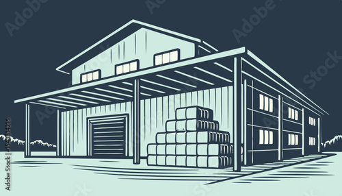 A sleek, modern cow barn showcasing geometrically stacked hay bales illuminated by LED lighting at night. Architectural details emphasized.