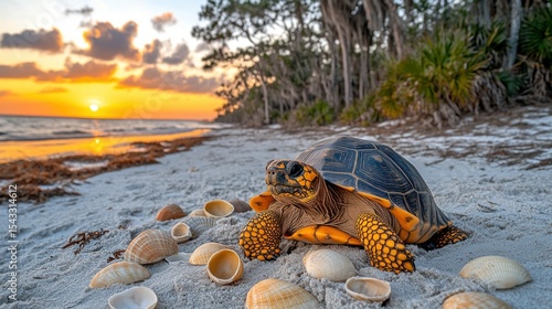 Fototapeta Naklejka Na Ścianę i Meble -  Turtle on a beach at sunset.  Tropical sunset over the ocean with a tortoise on the sandy shore surrounded by seashells