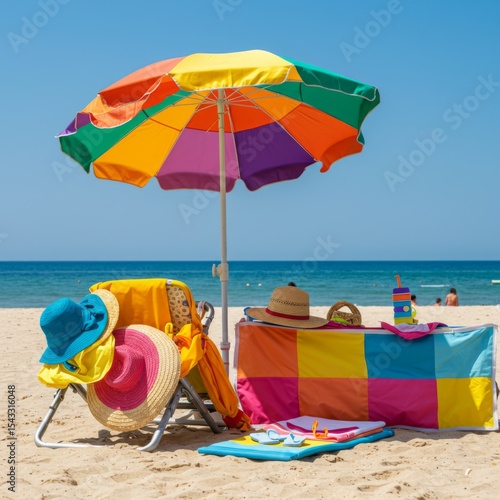 Wallpaper Mural Colorful Beach Umbrella and Accessories on Sunny Sandy Beach Torontodigital.ca