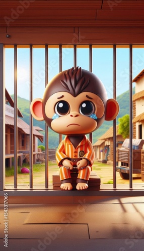3D Cartoon Monkey Crying in Jail Behind Bars in Rural Indian Village