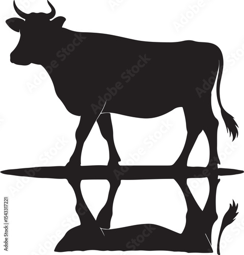 Black silhouette of a cow with reflection