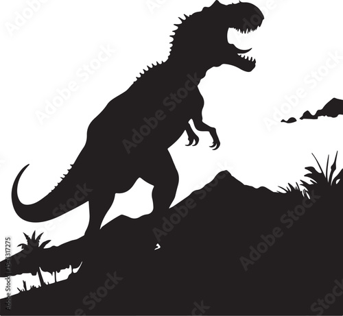 Silhouette of a tyrannosaurus rex in a prehistoric landscape