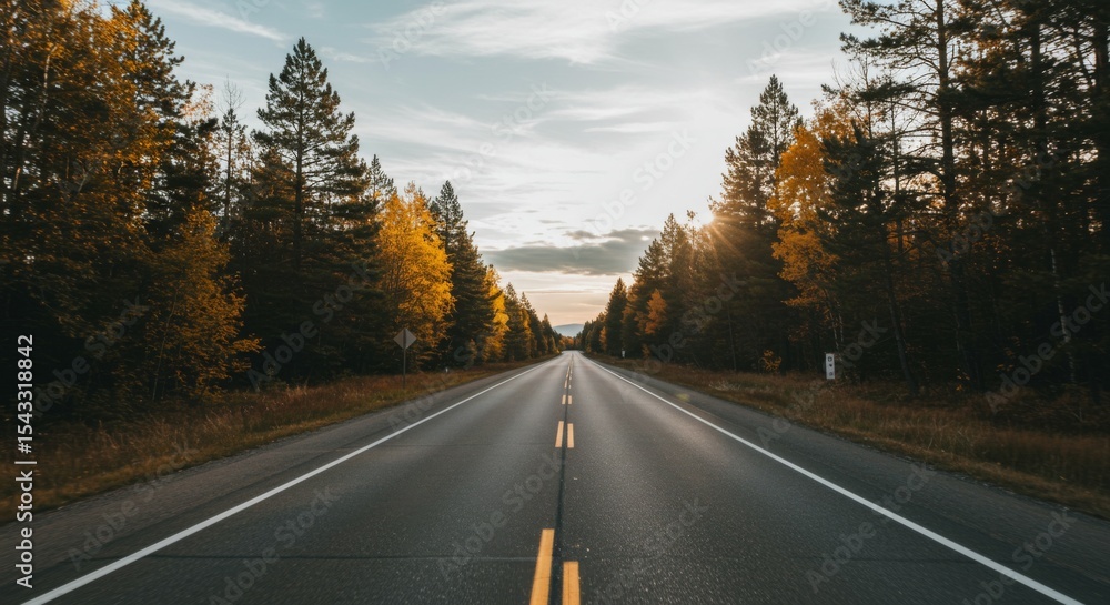 Fototapeta premium Asphalt Road Through Autumn Forest at Sunset