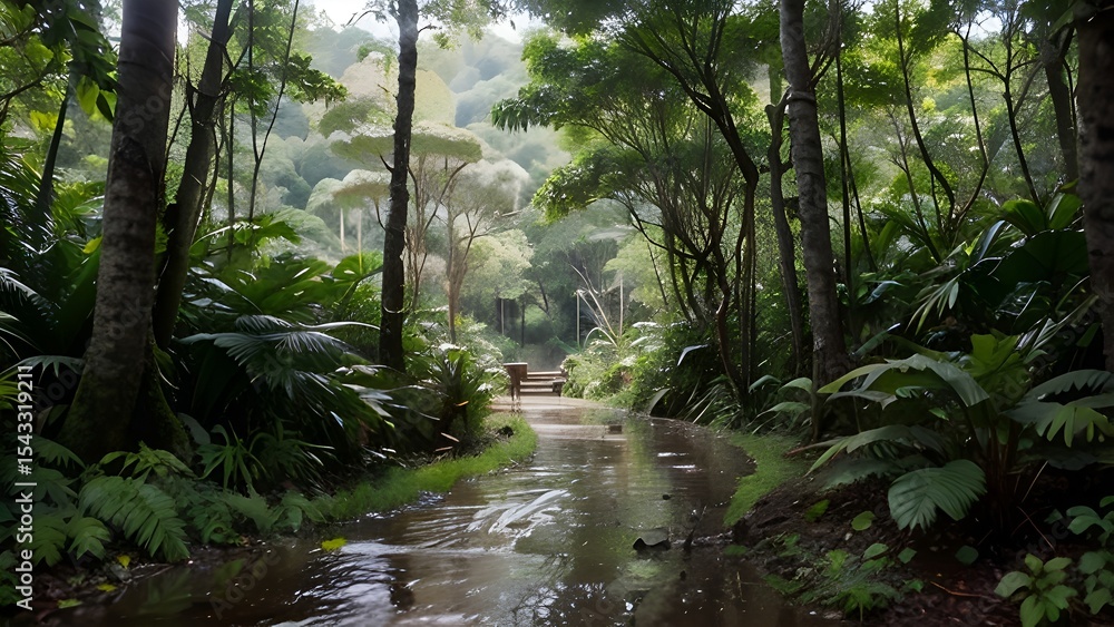 Obraz premium Tranquil rainforest stream with lush foliage and a distant bench