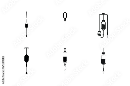 Medical iv drip set icons silhouette