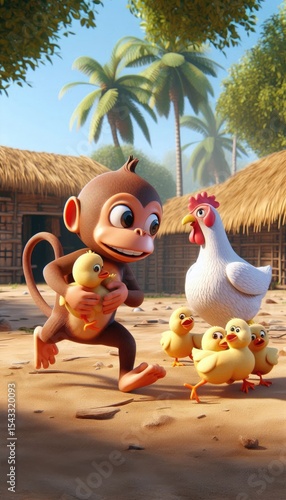 3D Cartoon Monkey Sneakily Picking Up Baby Chicks in Rural  Village with Straw Huts and Farms