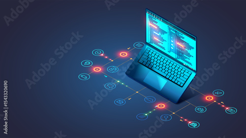 Software, web development, programming concept. Abstract Programming language and program code on screen laptop. Laptop and icons of programming process. Technology process of Software development.