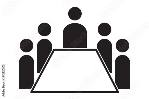 Meeting room icon. Illustration of a meeting with five people sitting around a square table in a conference room setting. 