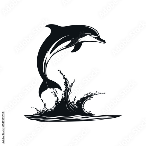 Dolphin jumping out of water silhouette black and white vector design