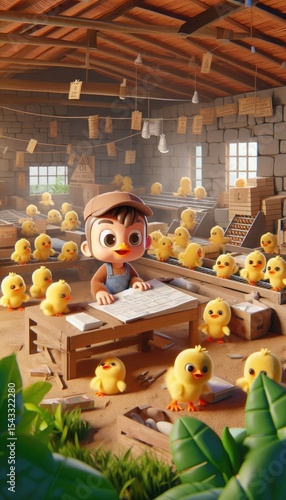 3D Cartoon Baby Chicks Working in Jungle-Themed Factory