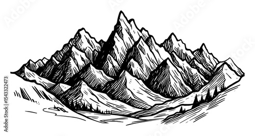mountain range landscape line art black and white