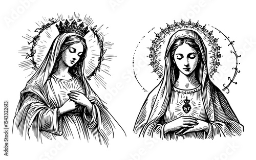 virgin mary sacred heart line art religious illustration