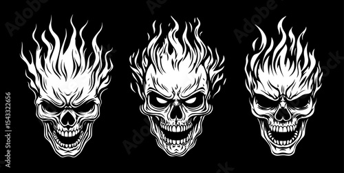 three flaming skulls illustration on black background