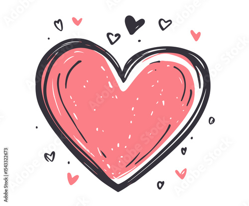 hand drawn cute pink heart with doodle elements