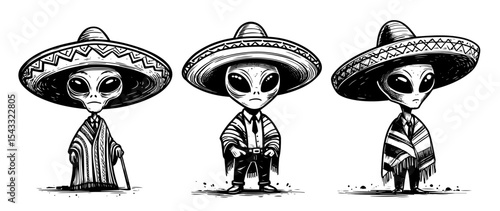 aliens in sombreros cartoon illustration set