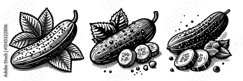 cucumber vegetable set with leaves hand drawn
