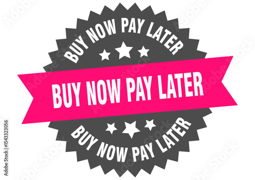 buy now pay later. buy now pay later round pink label isolated on transparent background