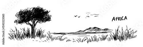 african savanna with tree mountain and grass sketch