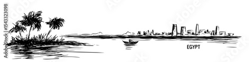 egyptian city skyline with palm trees and river