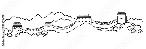 great wall of china with trees and mountains line art