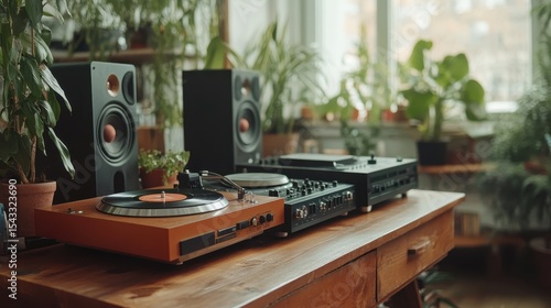 Wallpaper Mural An artistic arrangement of a vintage vinyl turntable and modern speakers amid a lush green environment, symbolizing a love for music, nostalgia, and vibrant creativity. Torontodigital.ca