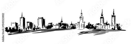 city skyline with modern and historic buildings line art