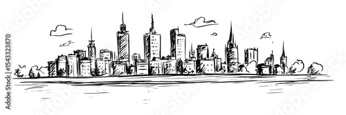 city skyline with skyscrapers and church spires line art