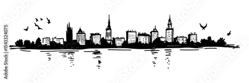 modern city skyline reflection with birds line art