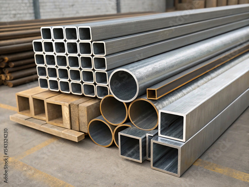 steel pipes on a construction site, Stack of rolled metal products, steel pipes and square metal tubes