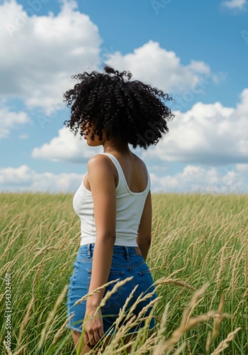 Woman in White Tank Top and Denim Shorts Stands in a Summer Field