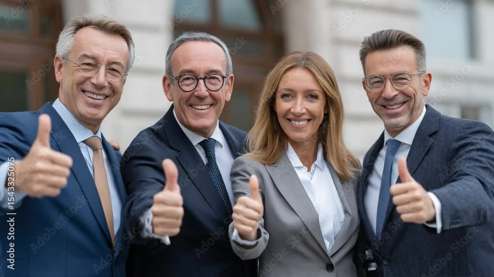 Successful Business Team: A group of four successful business professionals, two men and two women, stand together giving thumbs up, showcasing confidence and success in their business endeavors. Successful Business Team: A group of four successful business professionals, two men and two women, stand together giving thumbs up, showcasing confidence and success in their business endeavors.