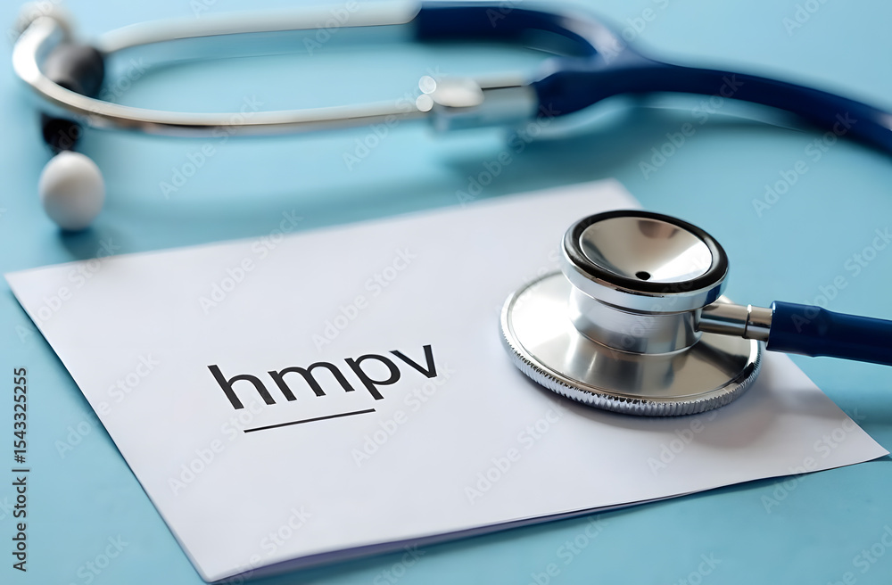 Stethoscope on document labeled hMPV on blue background in medical setup. Stethoscope on document labeled hMPV on blue background in medical setup.