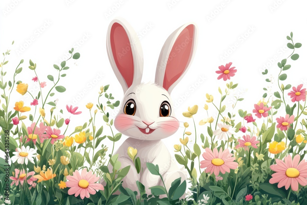 A whimsical white rabbit nestled among colorful spring flowers with digital art on white background. Generative Ai A whimsical white rabbit nestled among colorful spring flowers with digital art on white background. Generative Ai