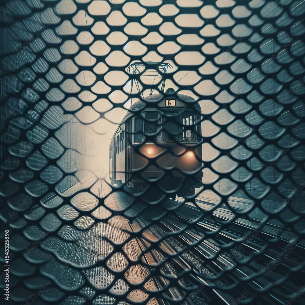 Through a Grate A tram or train seen partially through a metal g Through a Grate A tram or train seen partially through a metal g