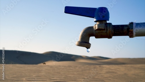 Konstfotografi Last drop of water dripping from an old faucet in a dry desert landscape, symbol