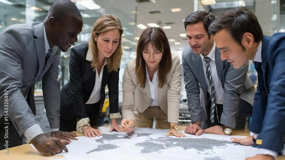 Global Teamwork: A diverse business team clusters around a world map on a table, absorbed in collaborative brainstorming and strategic planning. Global Teamwork: A diverse business team clusters around a world map on a table, absorbed in collaborative brainstorming and strategic planning.