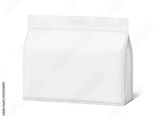 Vertical flat bottom gusset bag mockup for food, sport nutrition. Half side view. Vector illustration isolated on white background. Can be use for template your design. EPS10.