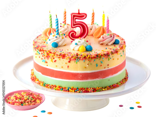 5th year birthday cake with candles isolated on white background