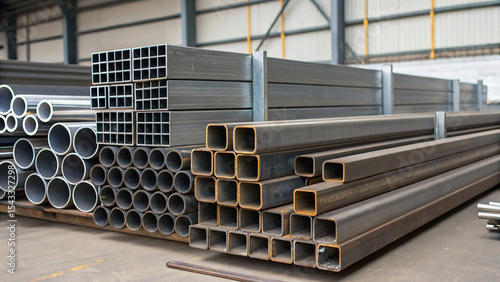 steel pipes in a factory, Stack of rolled metal products, steel pipes and square metal tubes