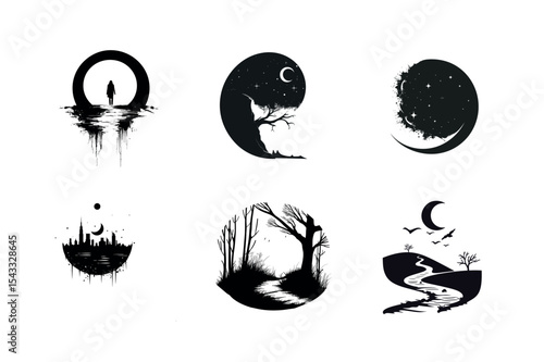 Six circular nature silhouettes set
