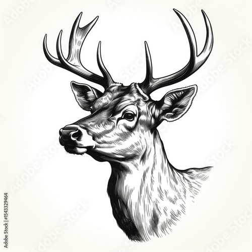 Detailed black and white deer portrait with majestic antlers
