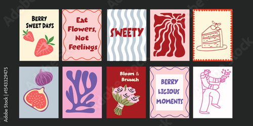 Charming Colorful summer bistro banners with trendy short phrases about fresh fruits, vegetables, flowers