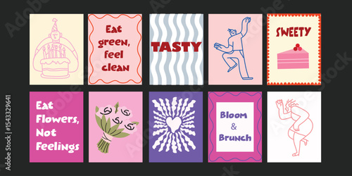 Modern summer bistro banners with trendy short phrases about fresh fruits, vegetables, flowers