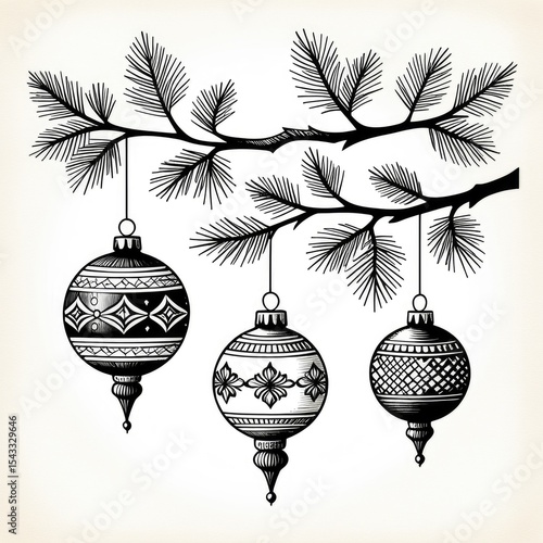 Vintage hand drawn christmas ornaments hanging on pine branch art