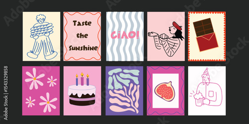 Colorful summer bistro banners with trendy short phrases about fresh fruits, vegetables, flowers